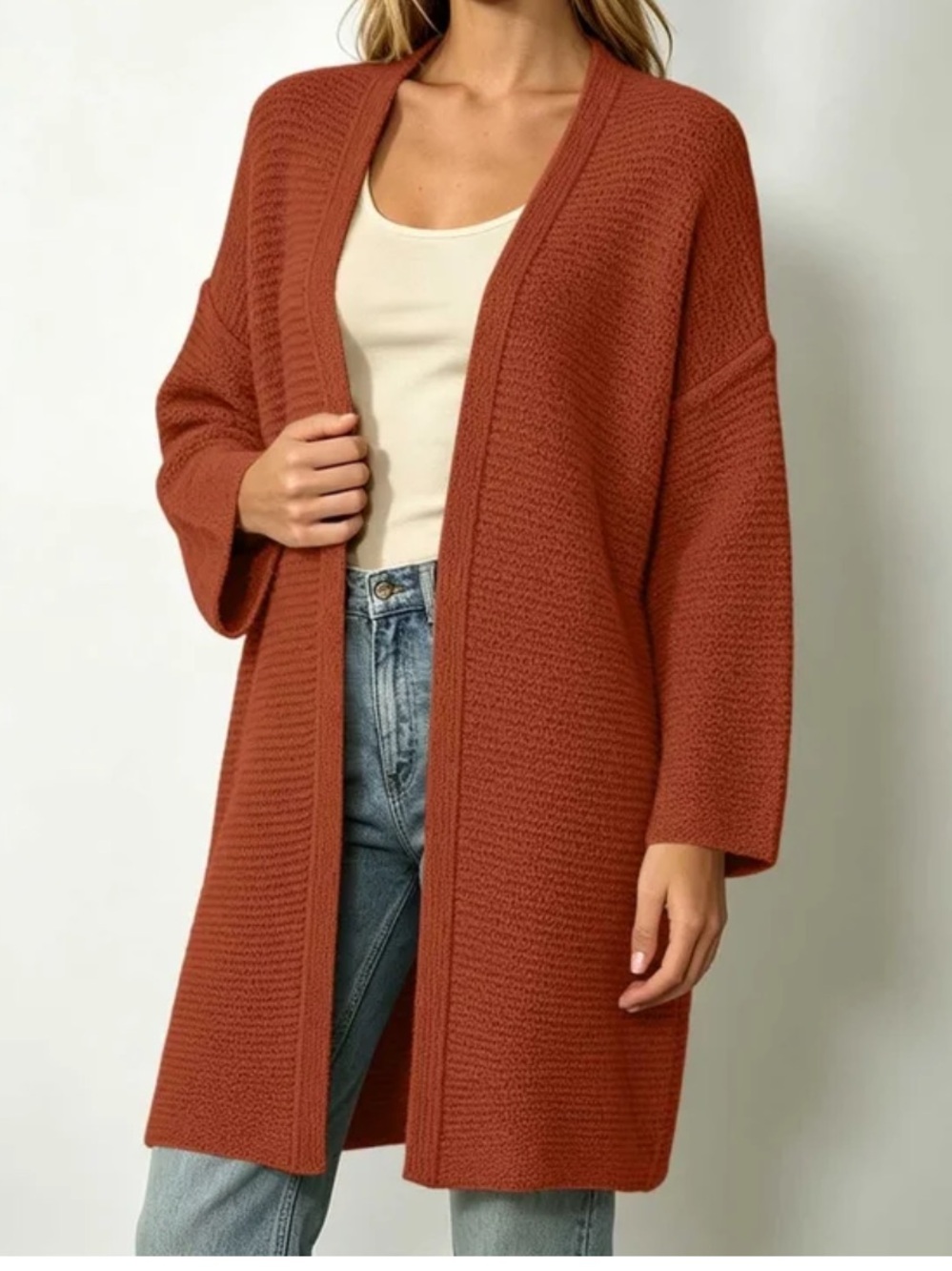 POL womans Rust Open-Front Long Knit Cardigan Sweater size S oversized